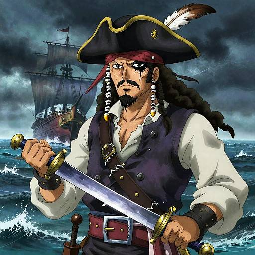 Rugged Pirate Captain in Stormy Sea