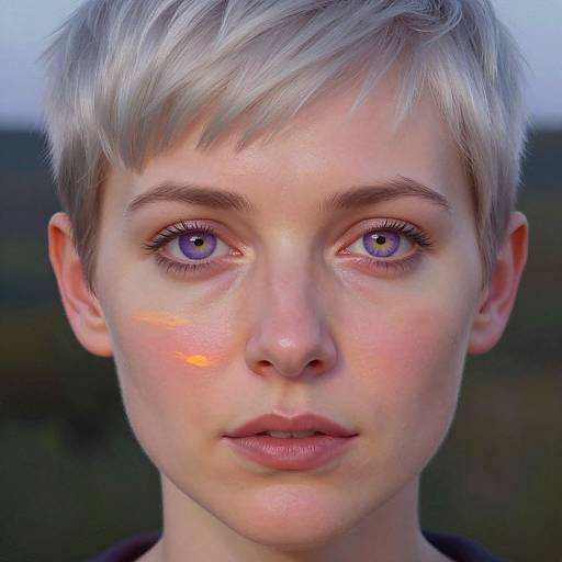 Close-up photograph of a young person with short, platinum blonde hair, fair skin, and striking blue eyes, set against a blurred outdoor background.