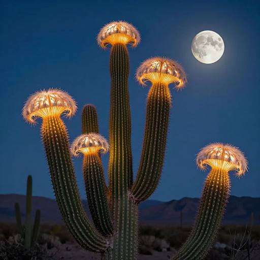 Photograph of a glowing Saguaro cactus with bright orange flowers under a full moon in a dark blue desert night sky.