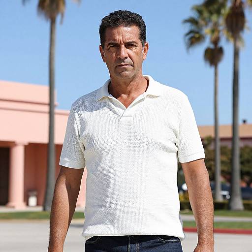 Photograph of a middle-aged Hispanic man with short black hair, wearing a white polo shirt and dark pants, standing outdoors in a sunny, palm-tree