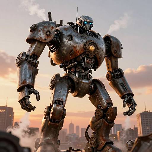 Steampunk Giant Robot at Sunset