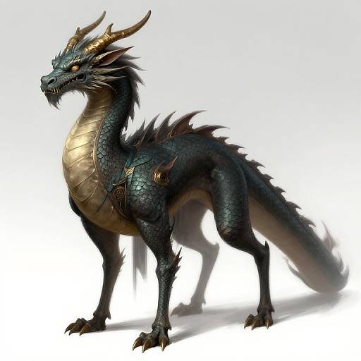 Digital illustration of a dark blue, scaly dragon with golden underbelly, black horns, sharp claws, and fierce yellow eyes, standing against a