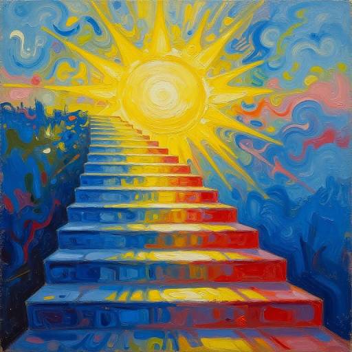 Vibrant oil painting of a radiant sun on a colorful, multi-colored staircase, with swirling blue, yellow, and red brushstrokes.