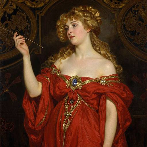 Baroque-style painting of a pale-skinned, blonde woman with curly hair, wearing an off-shoulder red gown with gold embellishments, holding