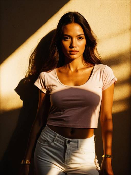 Young Woman in Casual Outfit with Warm Lighting