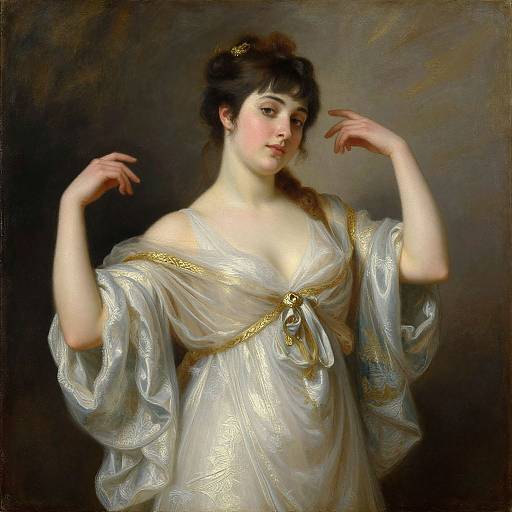 Neoclassical portrait of a fair-skinned woman with dark hair, wearing a white, gold-trimmed dress, hands elegantly raised,