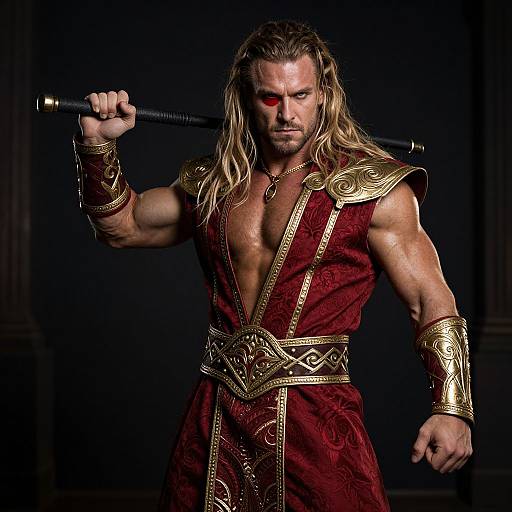 Photograph of a muscular man with long blonde hair, red eyes, wearing a red and gold armored tunic, holding a staff, standing against a