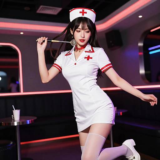 Digital artwork of an Asian woman in a sexy white nurse outfit with red trim, hat, and cross, dancing with a stethoscope in a neon