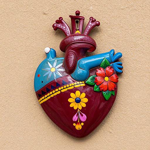 Colorful ceramic heart sculpture with blue bird, red crown, and vibrant flowers against beige textured wall. Bright, festive, and hand-painted.
