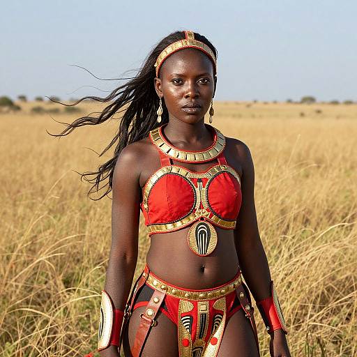 Photograph of a dark-skinned African woman in a red and gold traditional tribal outfit, standing in a golden grass field.