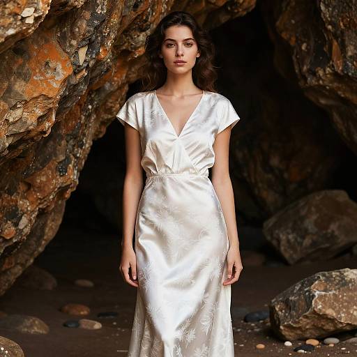 Photograph of a woman with wavy dark hair, wearing a shiny white V-neck dress, standing in a rocky cave entrance.