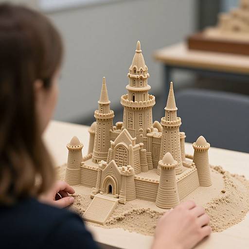 Photograph of a detailed sandcastle with towers and arches, built by a person with brown hair, seen from the back.