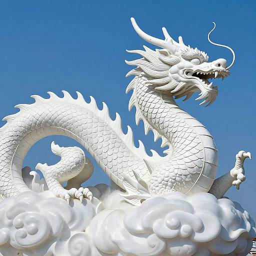 Photograph of a detailed white dragon sculpture with intricate scales, sharp horns, and an open mouth, emerging from fluffy clouds against a clear blue sky.