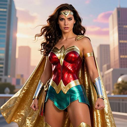 Photorealistic digital art of Wonder Woman standing confidently in a cityscape, wearing a red bustier, blue shorts, gold tiara, and cape