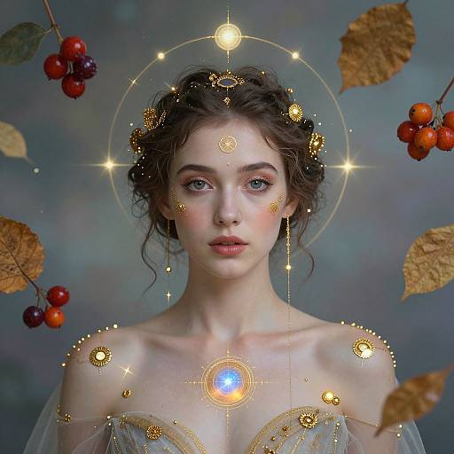 Digital artwork of a fair-skinned, blue-eyed woman with curly brown hair, adorned with golden celestial symbols and glowing orbs, surrounded by autumn leaves and