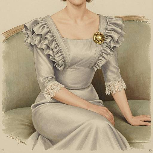 Vintage-style digital illustration of a woman in a silver satin gown with ruffled shoulders and lace cuffs, sitting on a green sofa. A gold brooch