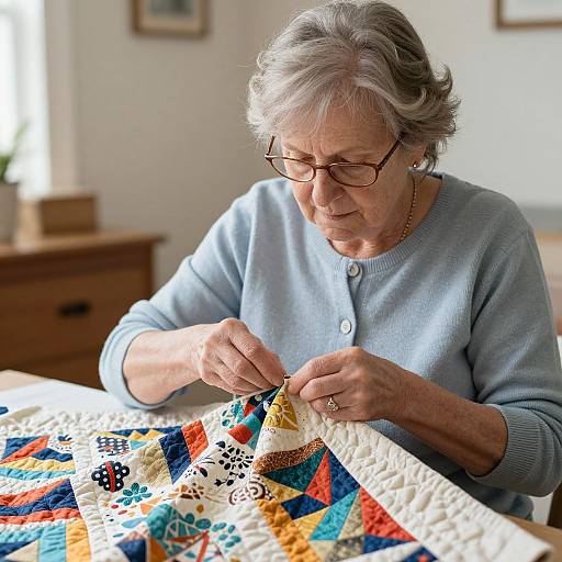 Senior Woman Expertly Stitching Quilt
