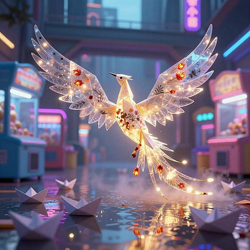 Vibrant Origami Phoenix in Neon Arcade