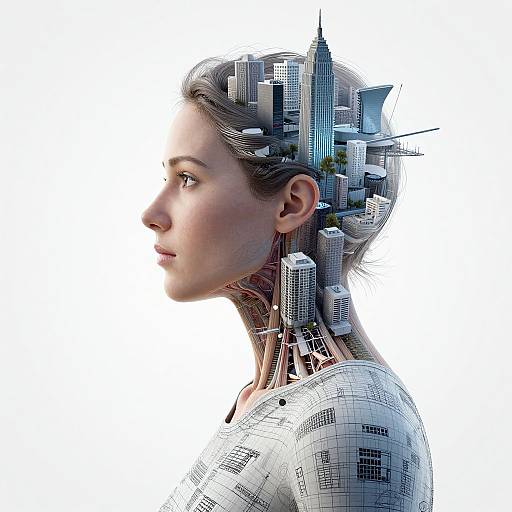 Photograph-style digital art of a woman in profile, with city skyscrapers integrated into her hair and neck, wearing a white patterned shirt,