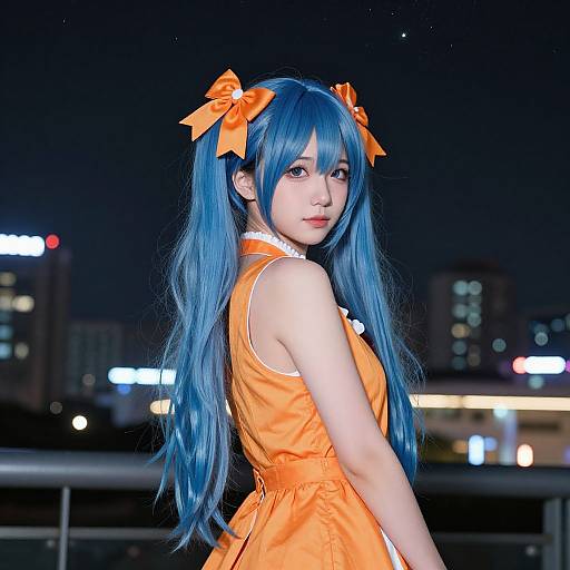 Photograph of an Asian woman with long blue hair, orange dress, and matching bows, standing at night with city lights in the background. Cosplay