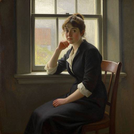 Photorealistic painting of a pensive young woman with fair skin, brown hair in a bun, wearing a black dress with white cuffs, seated by