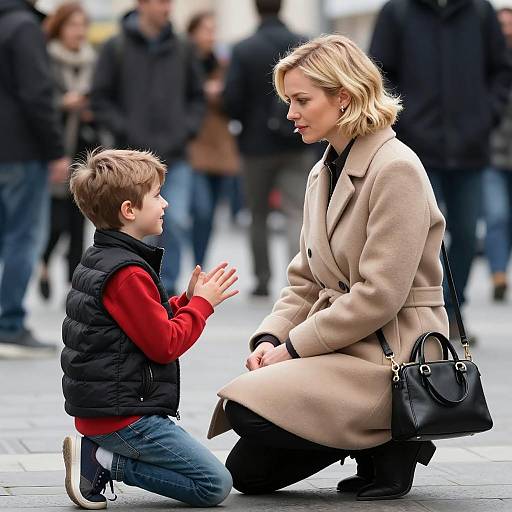 Blonde Woman and Boy in City Scene