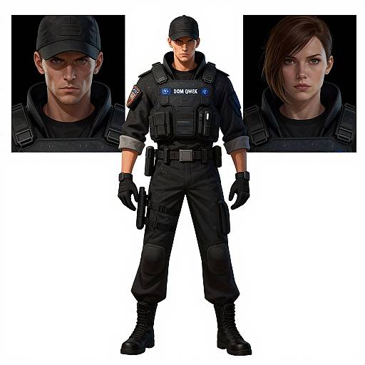 Digital artwork of a stern, muscular male SWAT officer in black uniform, cap, and tactical gear, with close-up portraits of him on either side.