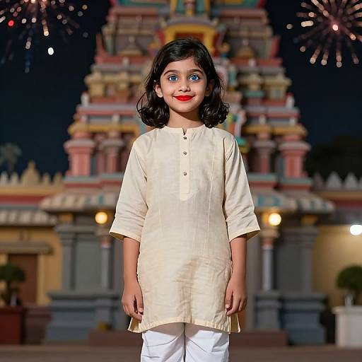 Photograph of a young girl with medium skin tone, black wavy hair, red lipstick, wearing a cream kurta and white pants, standing in
