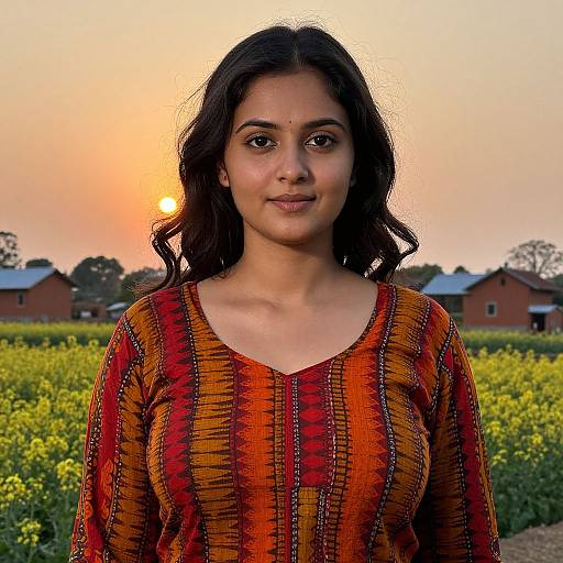 Photograph of a young South Asian woman with dark wavy hair, wearing an orange and red patterned top, standing in a sunlit field at