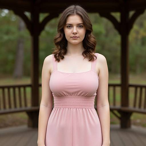 Young Woman in Pink Dress by Gazebo