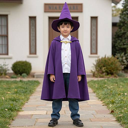 Photograph of a young boy in a purple witch costume with a pointed hat, standing on a stone path in front of a white house.