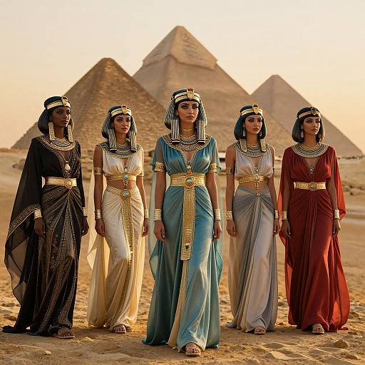 Photograph of five women in ancient Egyptian-style attire, standing in front of pyramids at sunset, wearing colorful, gold-accented dresses and head