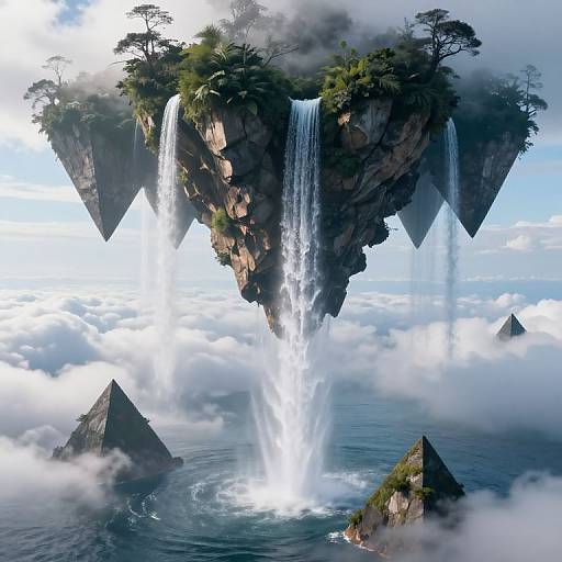Fantastical CGI image of floating, tree-covered rock islands with cascading waterfalls, surrounded by clouds and triangular rock formations in a serene, eth