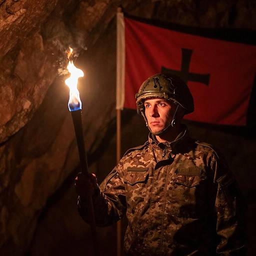 Soldier in Cave with Flaming Torch