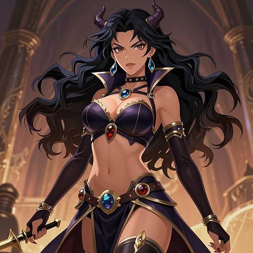 Digital anime-style drawing of a fierce, dark-haired demon woman with horns, wearing a black, gold-accented armor bikini, holding a sword in