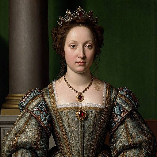 Photorealistic portrait of a pale-skinned, young woman in ornate Renaissance attire, wearing a silver crown, pearl necklace, and brooch,