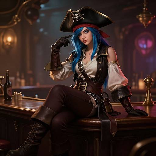 Photorealistic digital art of a blue-haired pirate woman in a black tricorn hat, white blouse, black vest, and gloves, sitting on a