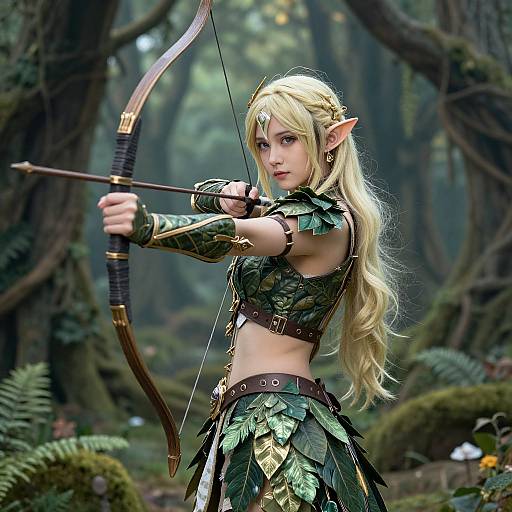 Digital artwork of a blonde, elven archer with pointed ears, wearing green leaf-patterned armor, drawing a wooden bow in a dense, mist