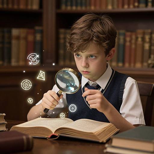 Young boy with brown hair and blue eyes, wearing a white shirt and dark vest, uses magnifying glass on open book, surrounded by glowing magical symbols