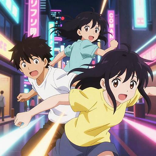 Anime-style digital drawing of three excited teenagers running through a neon-lit, vibrant city street at night, with colorful signs in the background.