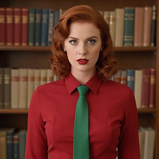 Photograph of a fair-skinned woman with red curly hair, wearing a red shirt and green tie, standing in front of a bookshelf with colorful