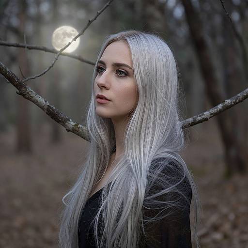 Photograph of a pale-skinned woman with long, silver blonde hair, wearing a black top, standing in a dimly lit forest with a glowing