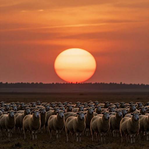 Photograph of a large flock of sheep standing in a field at sunset, with a vivid orange and red sun setting behind a darkened tree line in