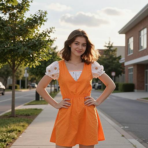 Photograph of a smiling young woman with light brown hair, wearing an orange dress with white puffed sleeves, standing on a suburban sidewalk at sunset.