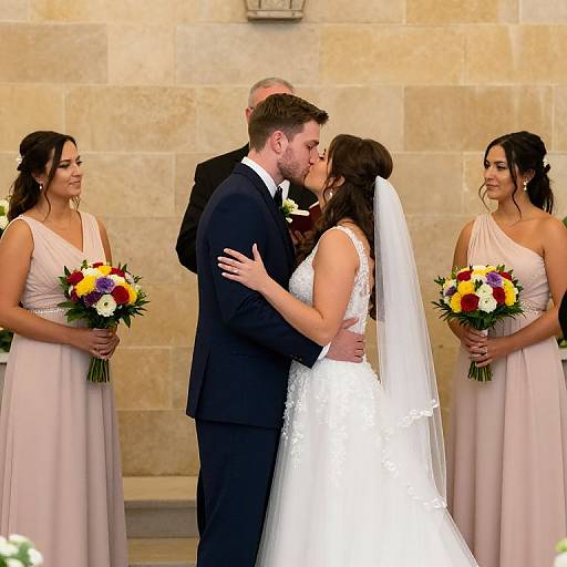 Photograph of a bride and groom kissing at a wedding, with two bridesmaids in light pink dresses holding colorful bouquets in the background, against a