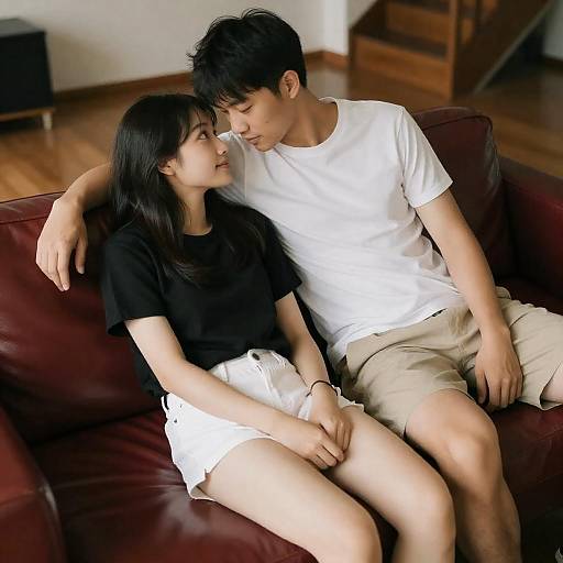 Sunlit Intimate Moment on Red Couch