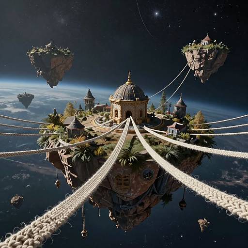 Floating Islands Tethered by Colossal Laces