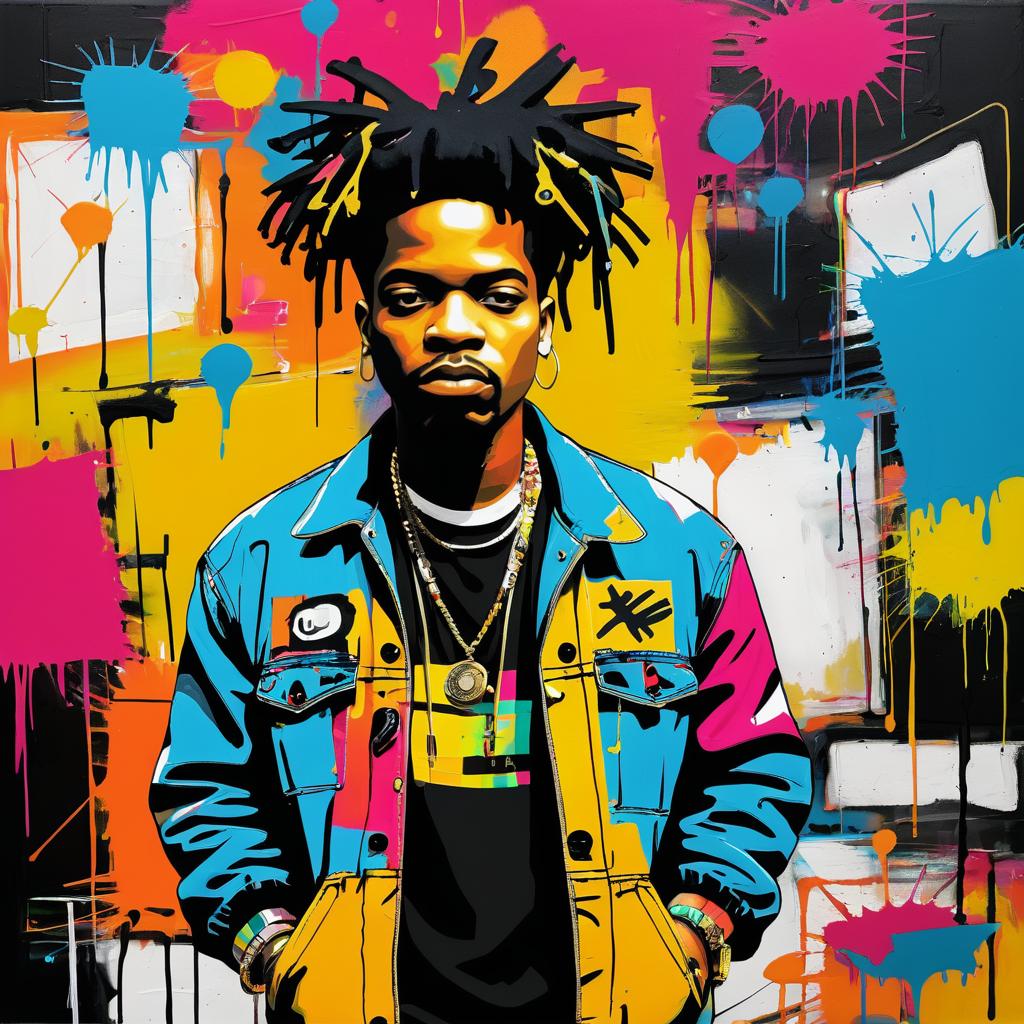 Vibrant Hip-Hop Artist Portrait in Basquiat Style