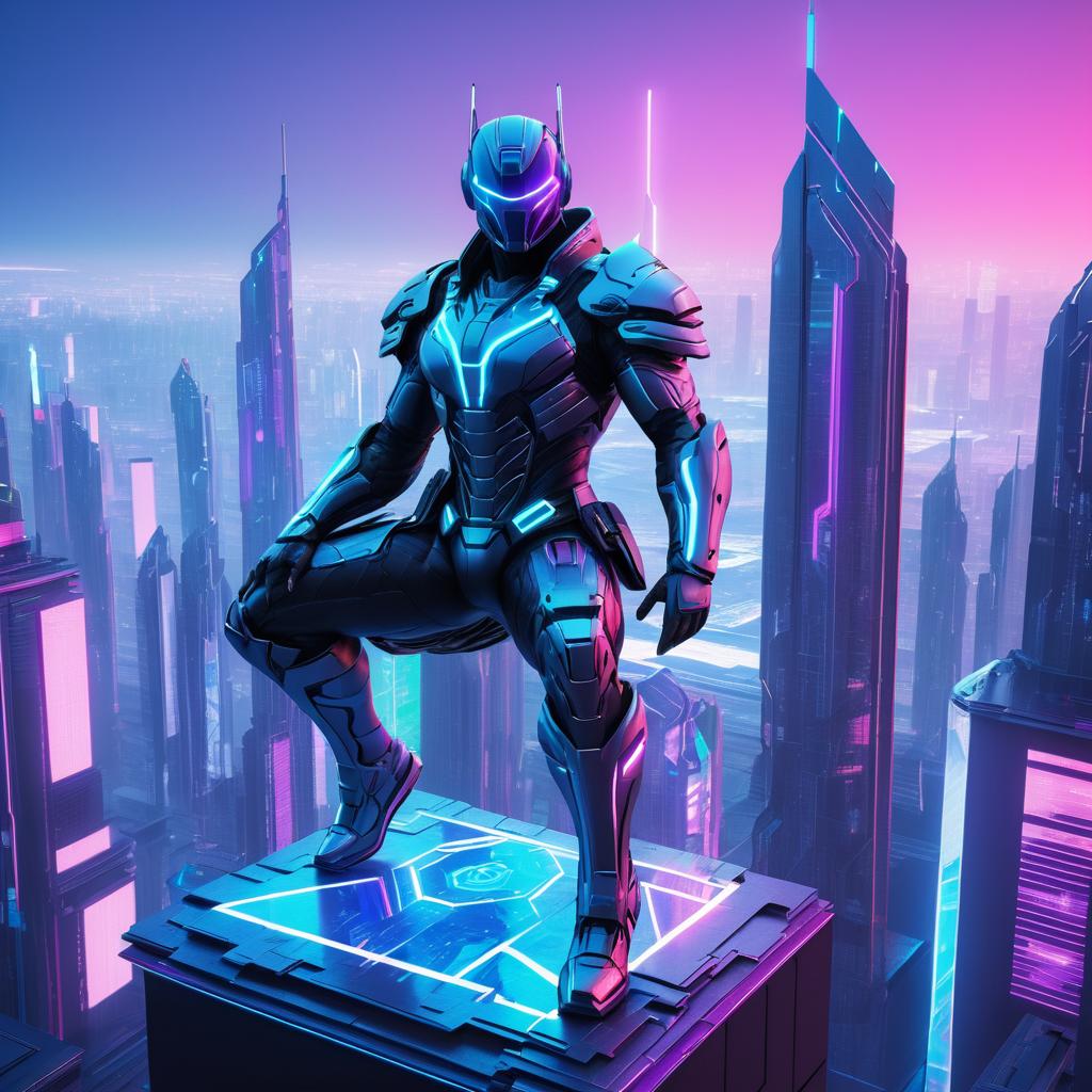 Cyborg Warrior Overlooking Neon City