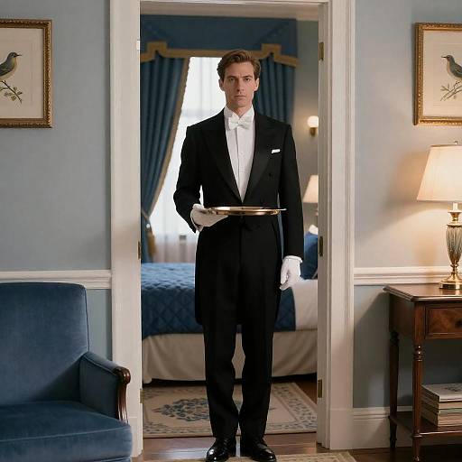 Man in Black Tuxedo Holding Tray in Elegant Room
